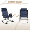 A blue rocking chair is shown in its open and folded state, with arrows indicating the folding action. Text above describes the foldable design. Produktbild-Vorschau
