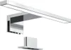 A modern, sleek LED light fixture with a chrome finish, shown with a separate mounting base. Produktbild-Vorschau