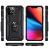 Multiple views of a black iPhone case with a ring holder, and a smartphone screen displaying a colorful abstract image. Produktbild-Vorschau
