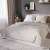 A bedroom scene with a bed, pillows, and bedding. Podgląd zdjęcia produktu