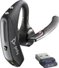 A black and silver Poly Voyager 5200 headset and its USB dongle are shown against a white background. Produktbild-Vorschau