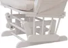 A close-up view of the base and rocking mechanism of a white glider chair with cream-colored striped cushions. Anteprima dell’immagine prodotto