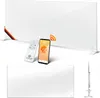 A white infrared heater is shown with a remote control and a smartphone displaying a heating app. A side view of the heater is also shown. Produktbild-Vorschau