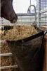A horse eating hay from a black hay bag in a stable. Anteprima dell’immagine prodotto