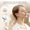 A woman is relaxing in a chair, with close-up insets showing adjustable features of a headrest. Produktbild-Vorschau