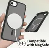 A hand holding an iPhone with a dark blue MagSafe compatible case, with a MagSafe charger attached. Another case is shown separately. Produktbild-Vorschau