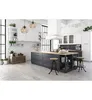 A modern kitchen with dark gray cabinets, a wooden island, and pendant lights. Náhľad obrázku produktu