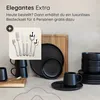 A collection of black ceramic tableware and a set of silverware are displayed on a countertop. Voir les images du produit
