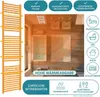 A bathroom towel warmer is shown with marketing graphics and text. Produktbild-Vorschau