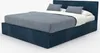 A dark blue upholstered bed with a headboard and two pillows, set against a white background. Produktbild-Vorschau