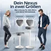 A marketing image showing two ergonomic office stools, one labeled 'Sitzhocker' and the other 'Stehhocker', with dimensions and a woman and man posing next to them. Produktbild-Vorschau