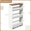 A diagram showing the dimensions of a white rolling storage cart with a wooden top. Podgląd zdjęcia produktu