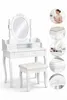 A collage of images showing a white vanity table with a mirror and stool, close-ups of its details, and a woman using a similar vanity. Voir les images du produit