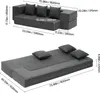 Two views of a gray sofa bed with dimensions indicated by measurement lines and text. Voir les images du produit