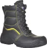 A black work boot with yellow stitching and laces, shown against a white background. Produktbild-Vorschau