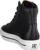 A black leather high-top sneaker with a white sole, shown from the side and back. Voir les images du produit