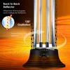 A close-up marketing image of a black stand heater with glowing orange heating elements, set against a vibrant orange and black background with radiating lines indicating heat distribution. Text overlays highlight product features. Produktbild-Vorschau