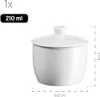 A white ceramic sugar bowl with a lid, shown on a white background with dimensions indicated. Produktbild-Vorschau