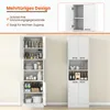 Two white kitchen cabinets are shown, one with its doors open revealing shelves stocked with various items, and another with its doors closed. A graphic overlay at the top describes features of the cabinets. Podgląd zdjęcia produktu