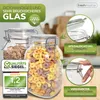 Two glass jars filled with cereal and colorful cereal rings, with close-up shots of the lid and clasp, and quality seals. Produktbild-Vorschau