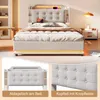 A bed with storage and LED lighting, shown in a bedroom setting and with close-up views of its features. Produktbild-Vorschau