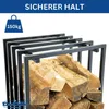 A black metal firewood rack filled with logs, with text overlays indicating weight capacity and a brand name. Produktbild-Vorschau