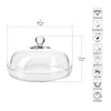 A clear glass cake stand with a lid, shown with dimensions and feature icons. Náhľad obrázku produktu