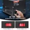 A hand is shown adjusting a switch on a black voltage converter with blue light effects in the background. Below the main image are two close-up shots of red switches indicating 110V and 220V. Produktbild-Vorschau