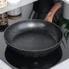 A frying pan with a wooden handle sits on a black stovetop. Produktbild-Vorschau