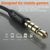 Close-up of a black audio jack with gold connectors, with text overlays and icons indicating compatibility with various devices. Produktbild-Vorschau