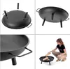 Collage of images showing a black metal fire pit from different angles, including a close-up of the interior and a woman adding wood to it. Anteprima dell’immagine prodotto
