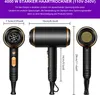 Three views of a black hairdryer with gold accents, with dimensions indicated by lines and text. Produktbild-Vorschau