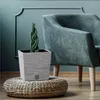 A white planter with a green braided plant sits on a woven stool next to a teal armchair. Náhľad obrázku produktu