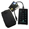 A black leather case, two smart cards, and a black encrypted external hard drive with a keypad are arranged on a white background. Produktbild-Vorschau