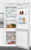 An open refrigerator with food items inside, set against a neutral background. Produktbild-Vorschau