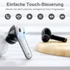Close-up of two wireless earbuds, one white and one black, with a graphic overlay indicating touch controls. Produktbild-Vorschau