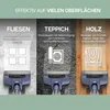 A marketing image showing a vacuum cleaner head on three different floor surfaces: tiles, carpet, and wood, with text describing its effectiveness on each. Náhľad obrázku produktu