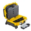 A yellow and black tool case with wheels, open to show compartments and removable bins. Voir les images du produit