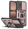 A rose gold and black armor phone case with a ring stand and camera cover, shown from multiple angles. Produktbild-Vorschau