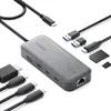 A gray USB-C hub and various cables and memory cards are arranged on a white background. Produktbild-Vorschau