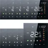 A collage of digital thermostat displays showing time, temperature, and various icons. Produktbild-Vorschau