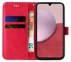 A red flip phone case with card slots and a phone inside, along with a 50 Euro banknote. Produktbild-Vorschau