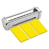 A chrome pasta maker attachment with three yellow rectangular pieces of pasta emerging from it. Produktbild-Vorschau