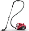 A red canister vacuum cleaner with a gray hose and wand, shown against a white background. Voir les images du produit