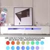 A white TV stand with LED lighting and a remote control, with a framed picture on the wall behind it. Anteprima dell’immagine prodotto
