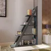A modern living room with a gray, angled bookshelf filled with books and decorative items. Náhled obrázku produktu