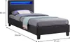 A black upholstered bed with blue LED lighting in the headboard, shown with a mattress, pillows, and a throw blanket. Dimensions are indicated with lines and text. Produktbild-Vorschau