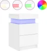 A white nightstand with LED lighting is shown against a white background. The image also displays circular insets showing different LED color options (yellow, pink, green) and a color wheel. Podgląd zdjęcia produktu