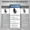 A comparison chart showing features of the GTPLAYER gaming chair against two competitors. Produktbild-Vorschau