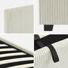 Collage of close-up shots of a white corduroy bed frame, showing details of the headboard, legs, and slatted base. Produktbild-Vorschau